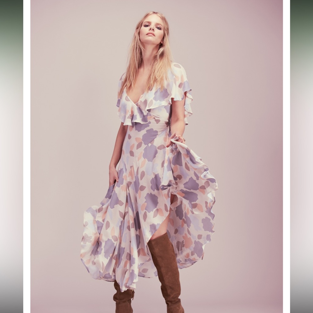 Free People Faye Floral Wrap Flutter Short Sleeve Tiered Hem Maxi Dress